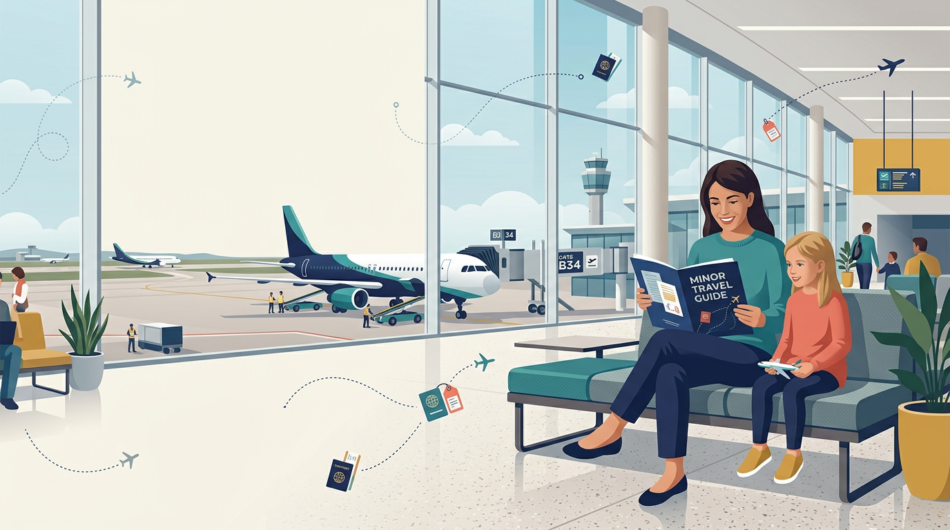Parent and child reviewing a travel folder near an airport window